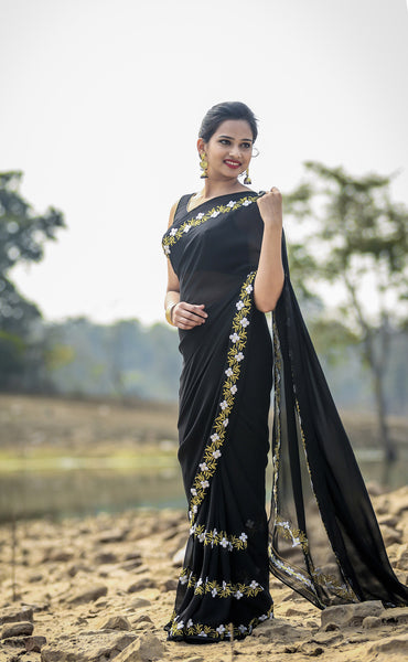 Black Buttercup Pure Silk Georgette Ribbonwork Saree