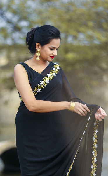 Black Buttercup Pure Silk Georgette Ribbonwork Saree