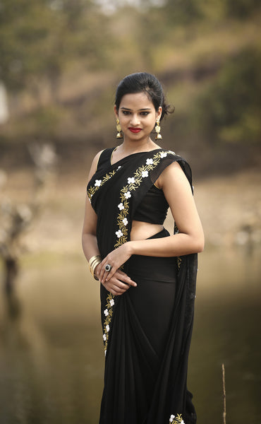 Black Buttercup Pure Silk Georgette Ribbonwork Saree