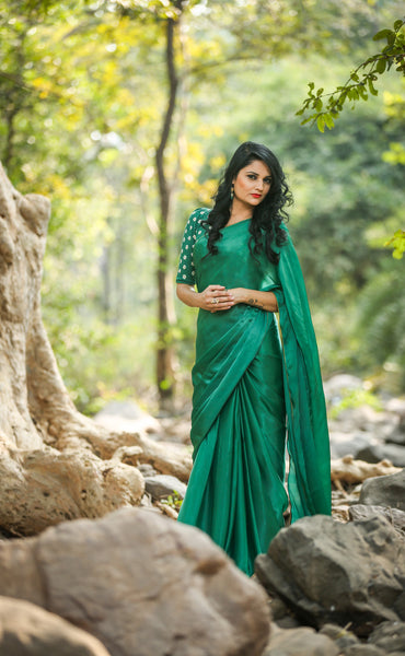 Sweet Pear Celadon Green Pure Satin Georgette Saree