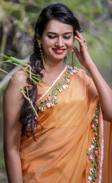 Tangerine Garden Silk Chiffon Ribbonwork Saree
