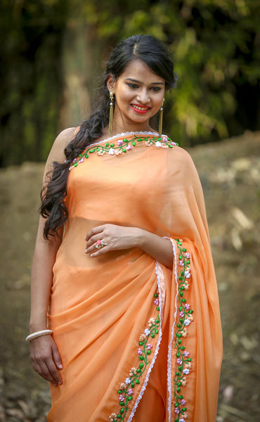 Tangerine Garden Silk Chiffon Ribbonwork Saree
