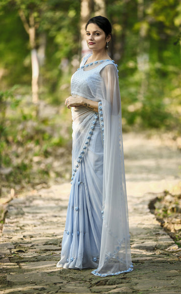 Moonlight Powder Blue Ribbonwork Roses Silk Chiffon and Net Saree