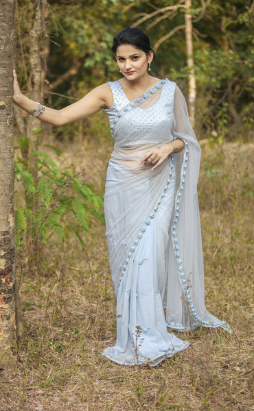 Moonlight Powder Blue Ribbonwork Roses Silk Chiffon and Net Saree