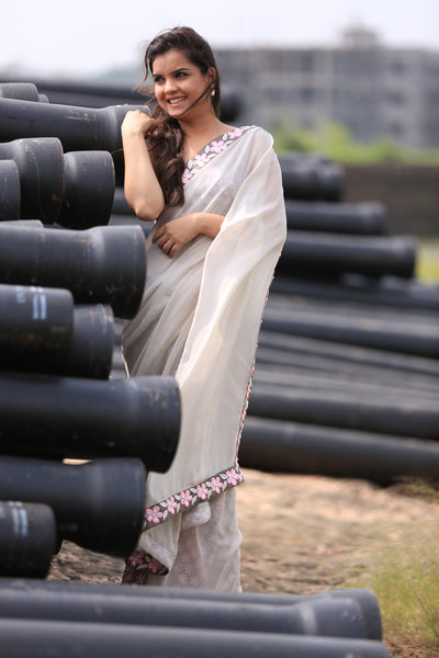 Gray Pure Silk-Georgette and Pure Silk-Chiffon Saree with Frangipani Floral Embroidery