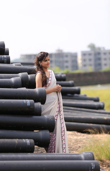 Gray Pure Silk-Georgette and Pure Silk-Chiffon Saree with Frangipani Floral Embroidery