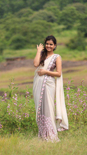 Gray Pure Silk-Georgette and Pure Silk-Chiffon Saree with Frangipani Floral Embroidery