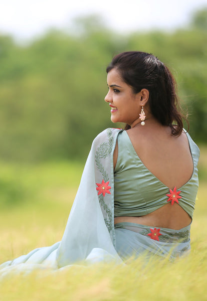 Sage Green Pure Silk-Chiffon Saree with Embroidered Lilies