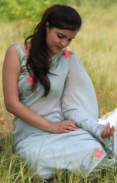 Sage Green Pure Silk-Chiffon Saree with Embroidered Lilies
