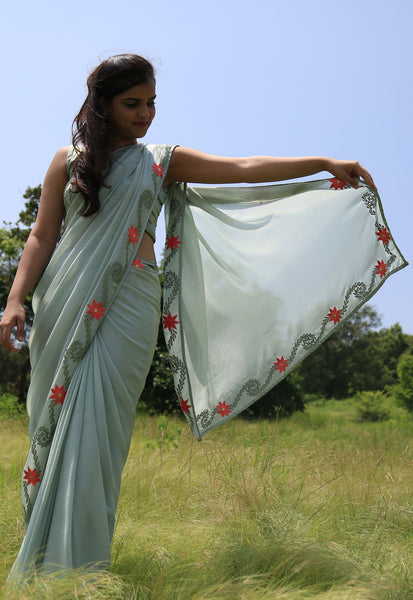 Sage Green Pure Silk-Chiffon Saree with Embroidered Lilies