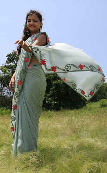 Sage Green Pure Silk-Chiffon Saree with Embroidered Lilies