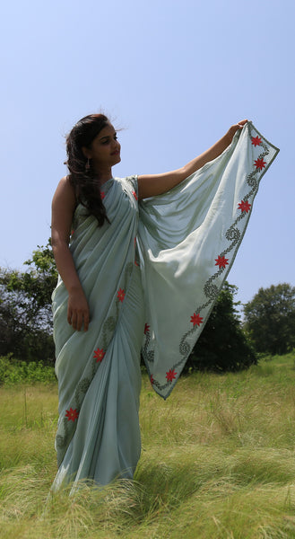 Sage Green Pure Silk-Chiffon Saree with Embroidered Lilies