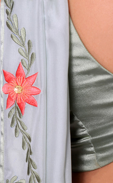 Sage Green Pure Silk-Chiffon Saree with Embroidered Lilies