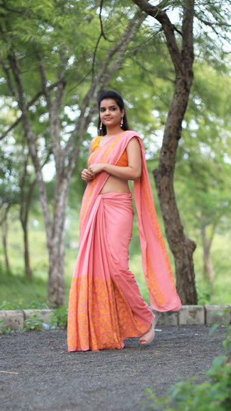 Coral Pure Georgette Saree with Gingko Leaf Embroidery