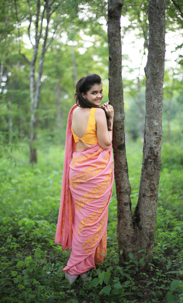 Coral Pure Georgette Saree with Gingko Leaf Embroidery