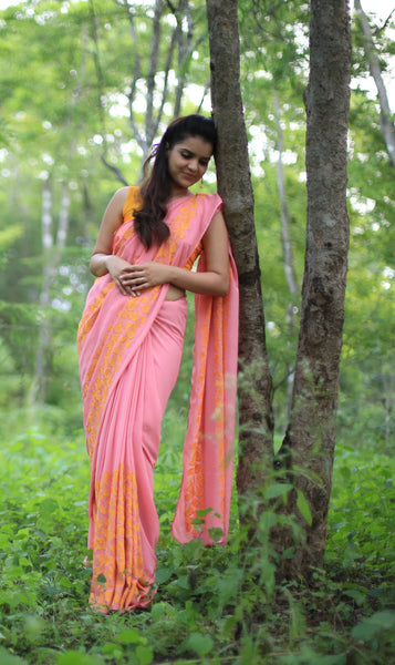 Coral Pure Georgette Saree with Gingko Leaf Embroidery