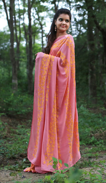 Coral Pure Georgette Saree with Gingko Leaf Embroidery