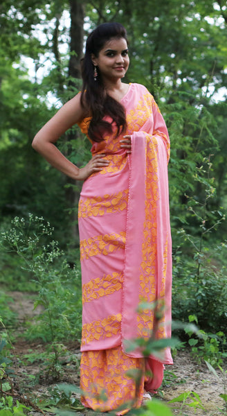 Coral Pure Georgette Saree with Gingko Leaf Embroidery