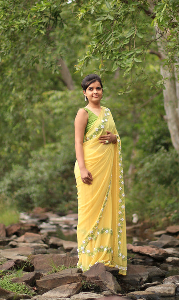 Pastel Yellow Pure Georgette Buttercup Ribbon-work Saree