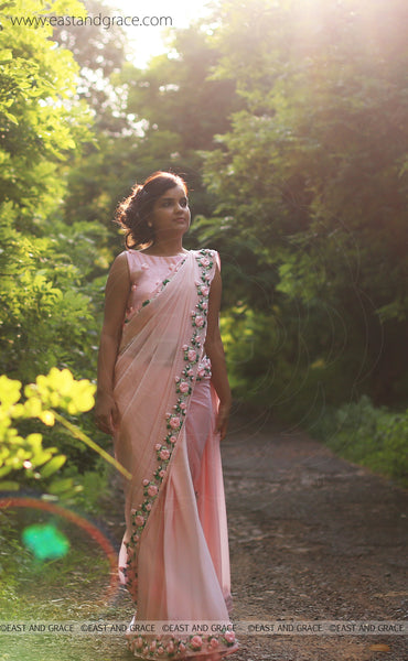 Baby Pink Rose Pure Chiffon Ribbon-Work Saree