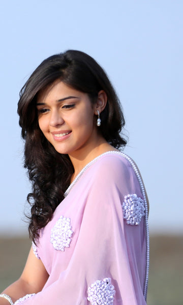 Lilac Pure Silk Georgette Ribbon-Work Saree
