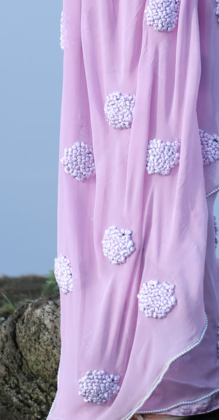 Lilac Pure Silk Georgette Ribbon-Work Saree