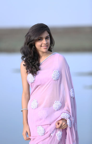 Lilac Pure Silk Georgette Ribbon-Work Saree