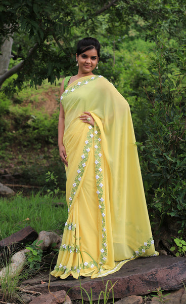 Pastel Yellow Pure Georgette Buttercup Ribbon-work Saree