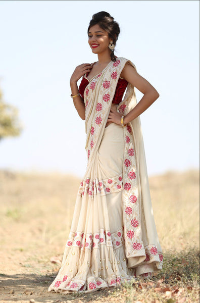 Camellia Pure Silk Georgette Cream Saree with Pearls Embroidered Velvet Blouse