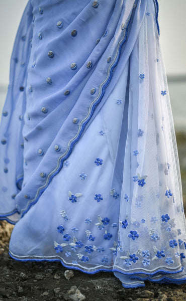Forget-Me-Not Blue Pure Silk Chiffon and Net Embroidered Saree