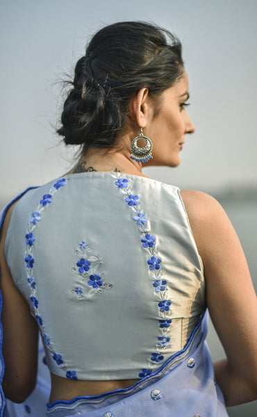 Forget-Me-Not Blue Pure Silk Chiffon and Net Embroidered Saree