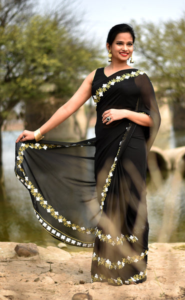 Black Buttercup Pure Silk Georgette Ribbonwork Saree