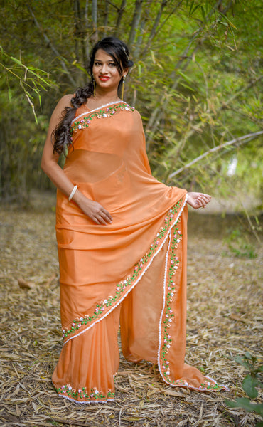 Tangerine Garden Silk Chiffon Ribbonwork Saree