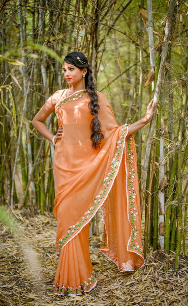 Tangerine Garden Silk Chiffon Ribbonwork Saree