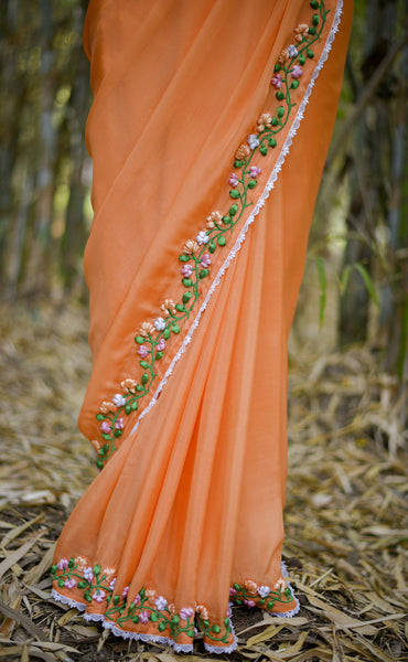 Tangerine Garden Silk Chiffon Ribbonwork Saree