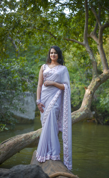 Winterland Grey Silk Chiffon Ribbonwork Roses Saree