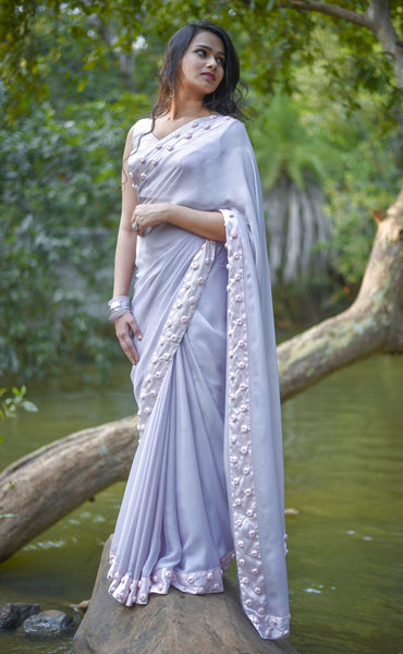 Winterland Grey Silk Chiffon Ribbonwork Roses Saree