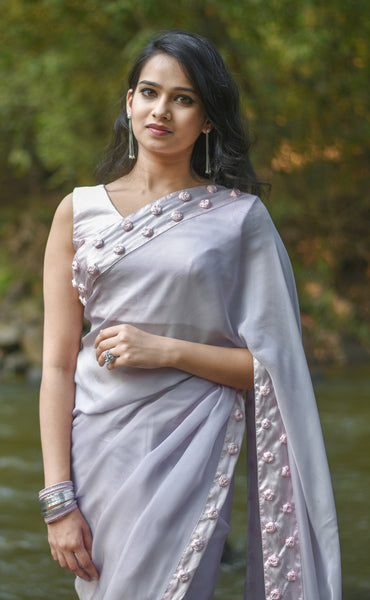 Winterland Grey Silk Chiffon Ribbonwork Roses Saree