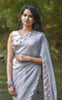 Winterland Grey Silk Chiffon Ribbonwork Roses Saree