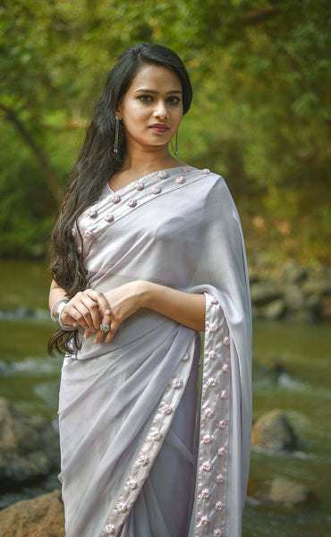 Winterland Grey Silk Chiffon Ribbonwork Roses Saree