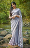Winterland Grey Silk Chiffon Ribbonwork Roses Saree