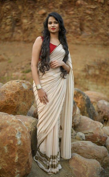 Daydream Saree in Cream Silk Chiffon and Cutdana Embroidery