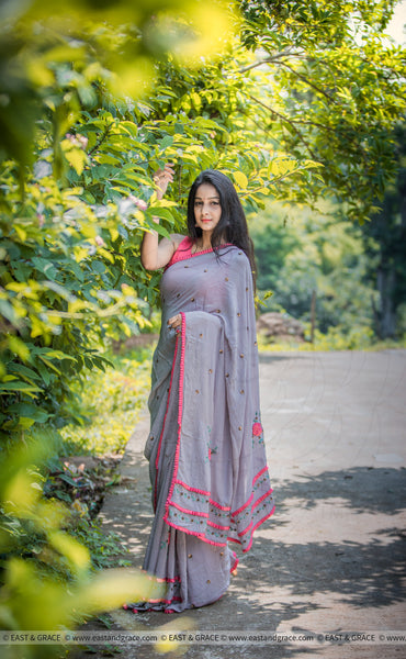 Pia Pure Flat Silk-Chiffon Hand Embroidered Saree