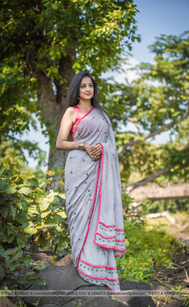 Pia Pure Flat Silk-Chiffon Hand Embroidered Saree