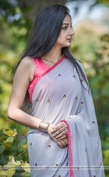 Pia Pure Flat Silk-Chiffon Hand Embroidered Saree