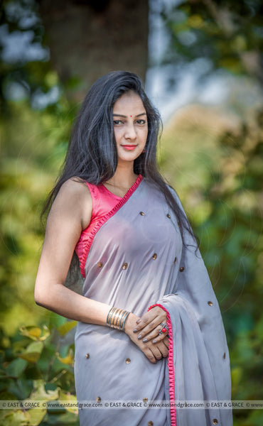 Pia Pure Flat Silk-Chiffon Hand Embroidered Saree