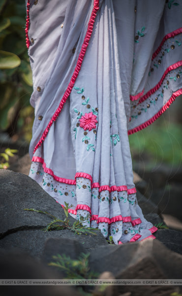Pia Pure Flat Silk-Chiffon Hand Embroidered Saree