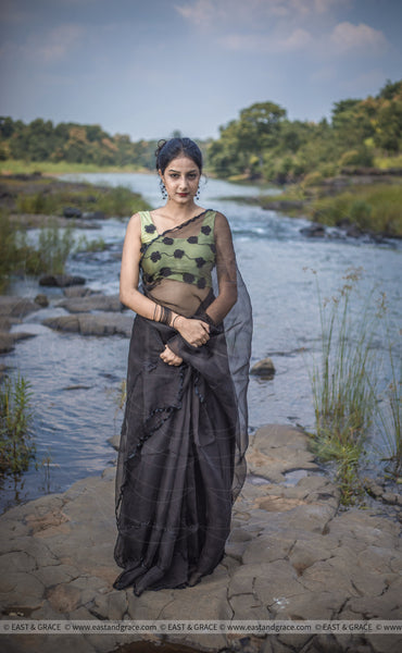 Black Cassia Pure Silk-Organza Hand Embroidered Saree