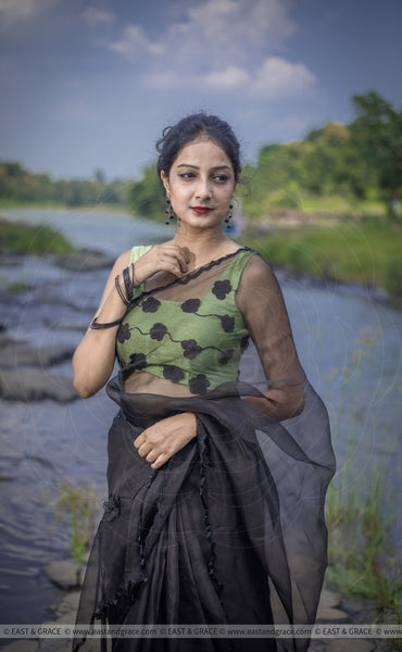 Black Cassia Pure Silk-Organza Hand Embroidered Saree