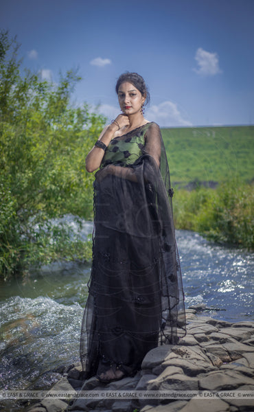 Black Cassia Pure Silk-Organza Hand Embroidered Saree